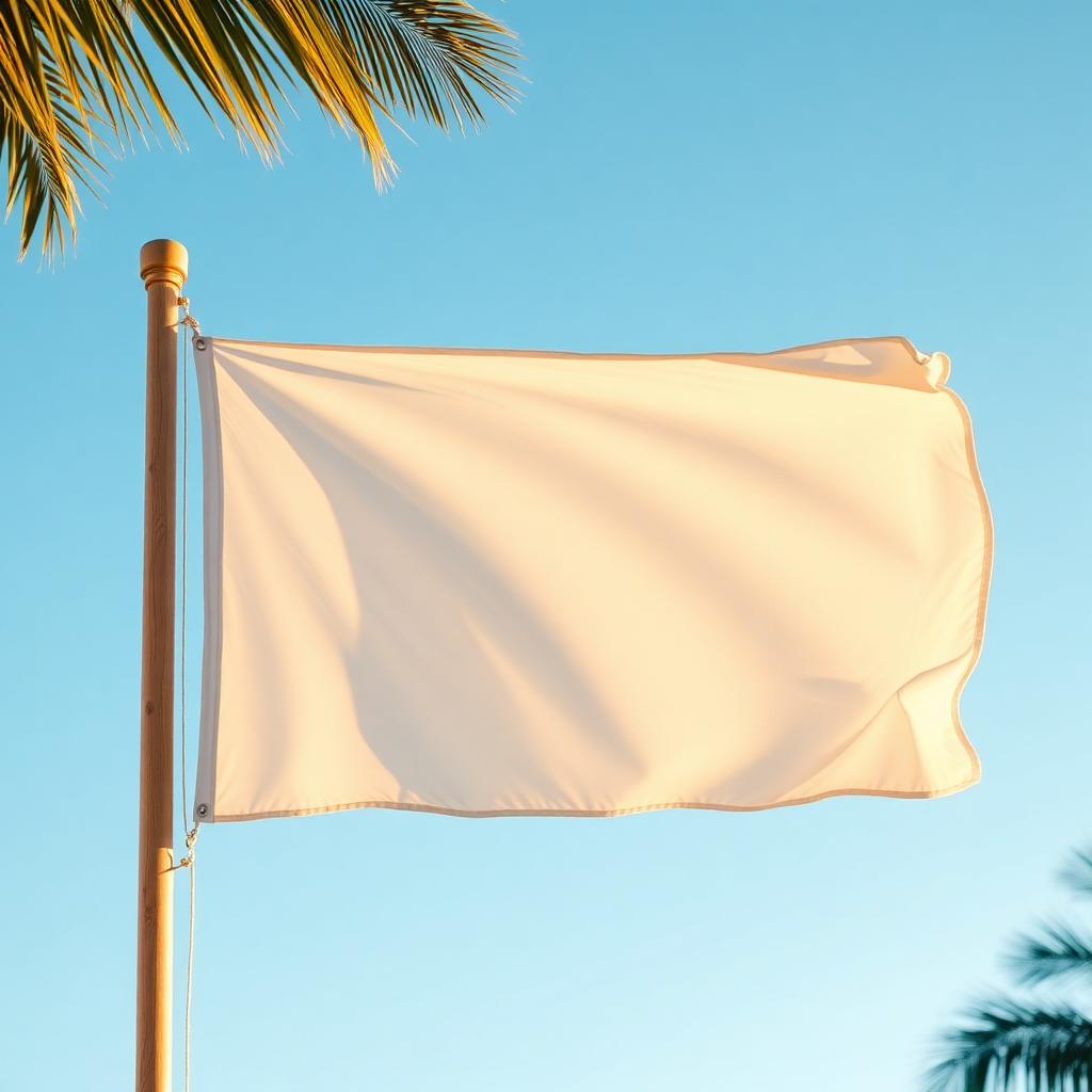 Branded event flag waving against a blue sky